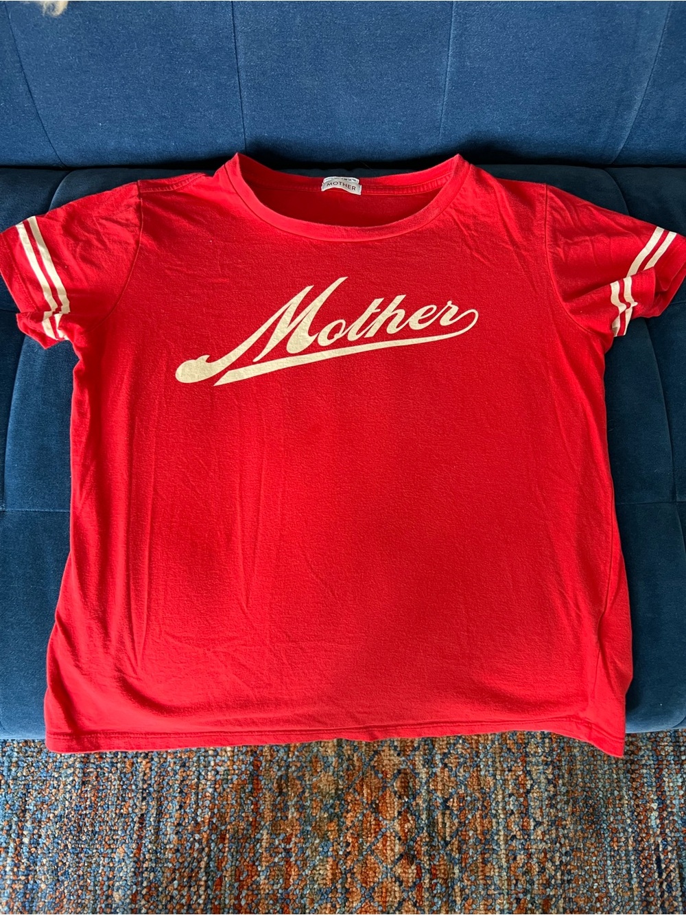 MOTHER Red Tee with White Script Logo and Sleeve Stripes